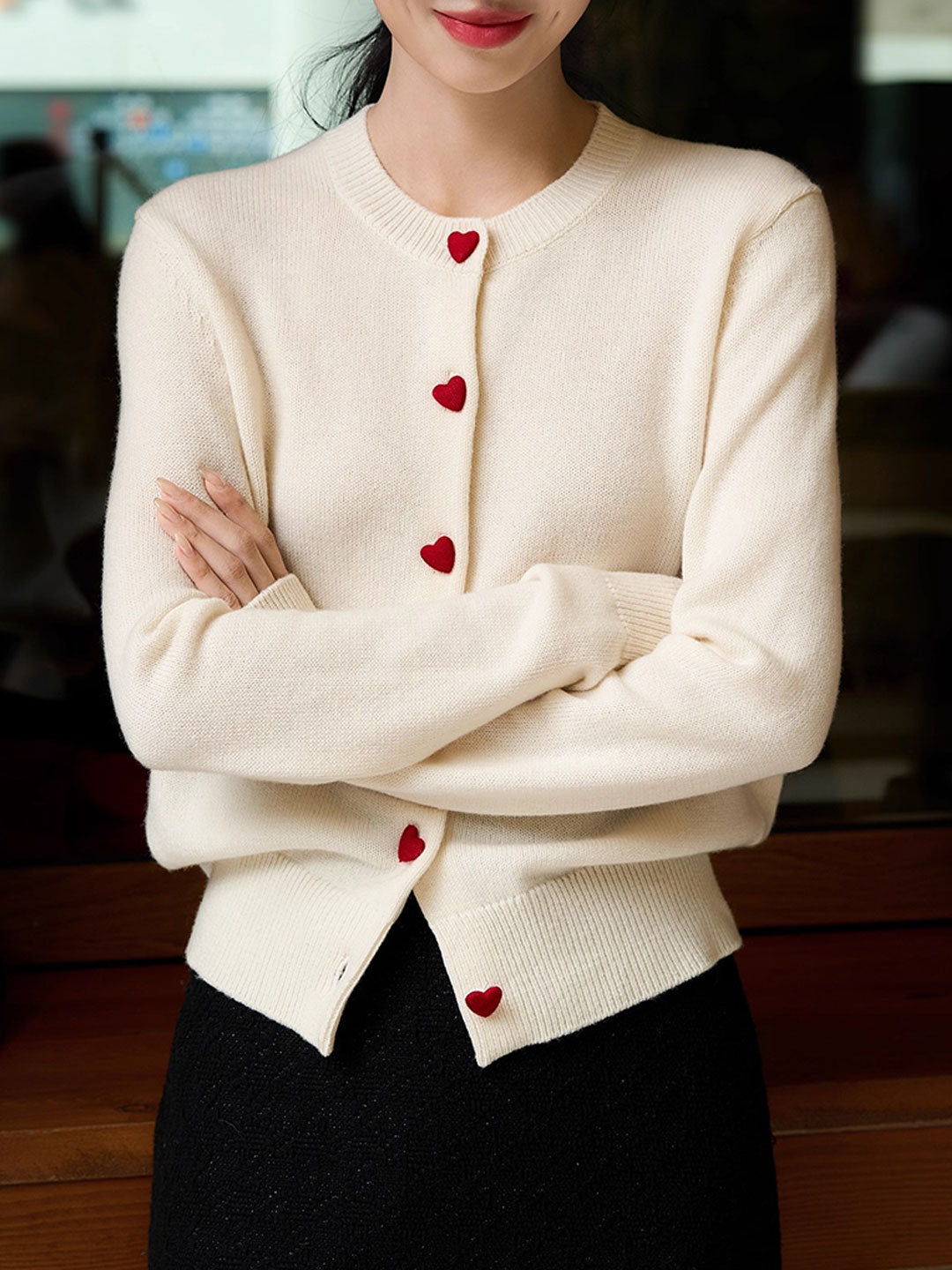 Raya Elegant Crew Neck Heart Button Knitted Cardigan