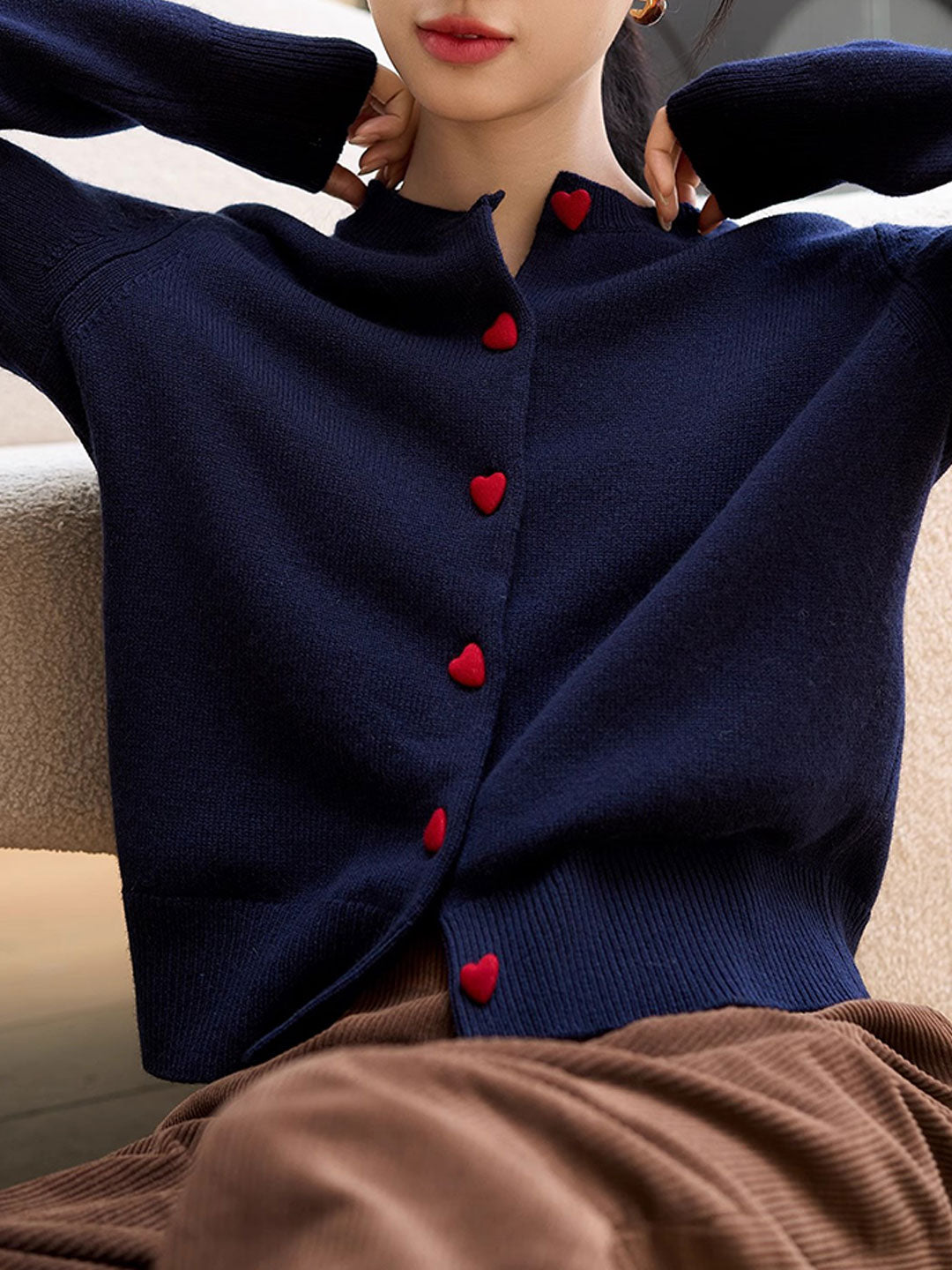 Raya Elegant Crew Neck Heart Button Knitted Cardigan