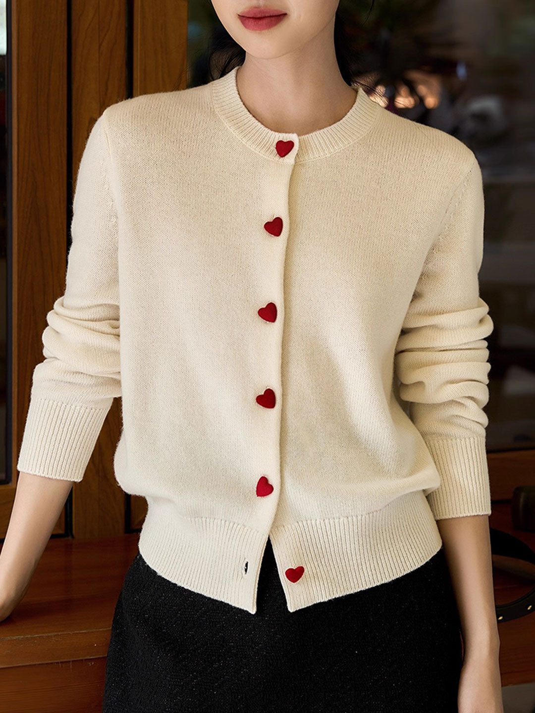 Raya Elegant Crew Neck Heart Button Knitted Cardigan