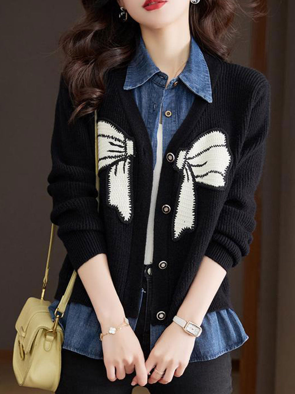 Freda Loose Denim Patchwork Mock Two-Piece Knitted Cardigan