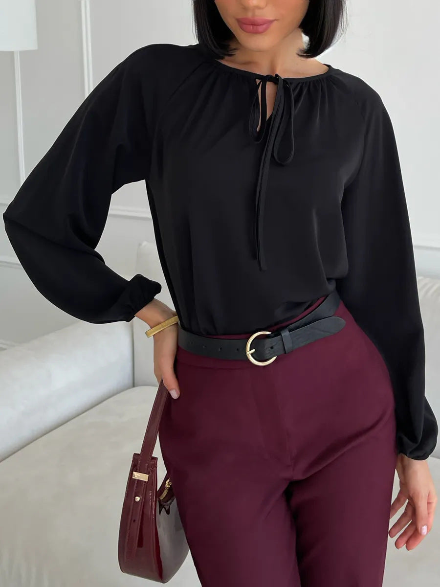 Lace-up Crew Neck Shirt Long Sleeve Simple And Stylish