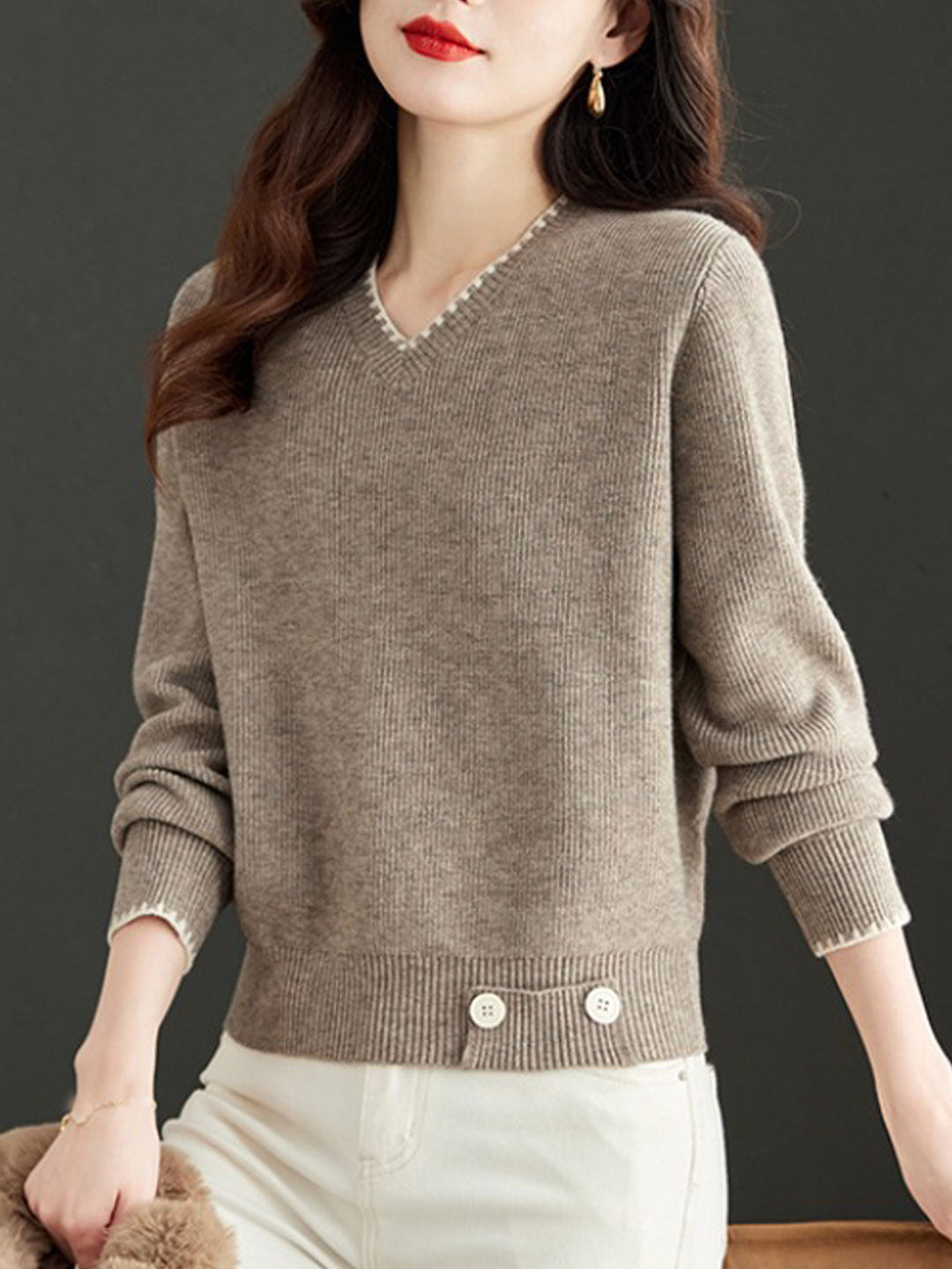 Isabella V-Neck Solid Color Knitted Sweater-Red