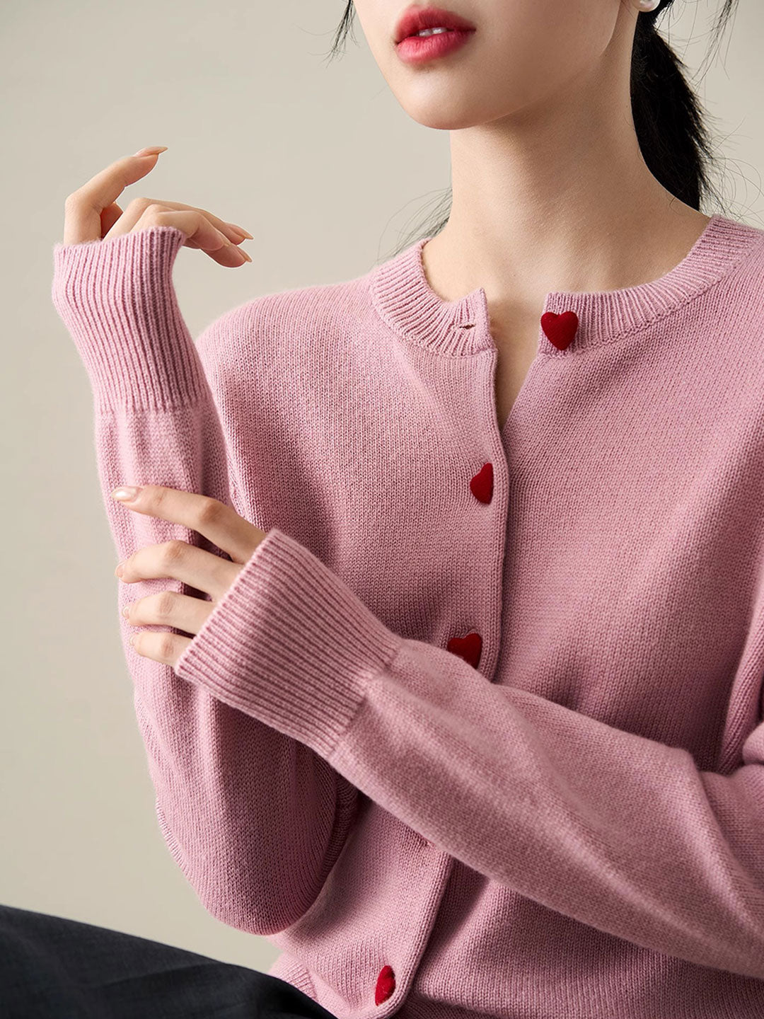 Raya Elegant Crew Neck Heart Button Knitted Cardigan