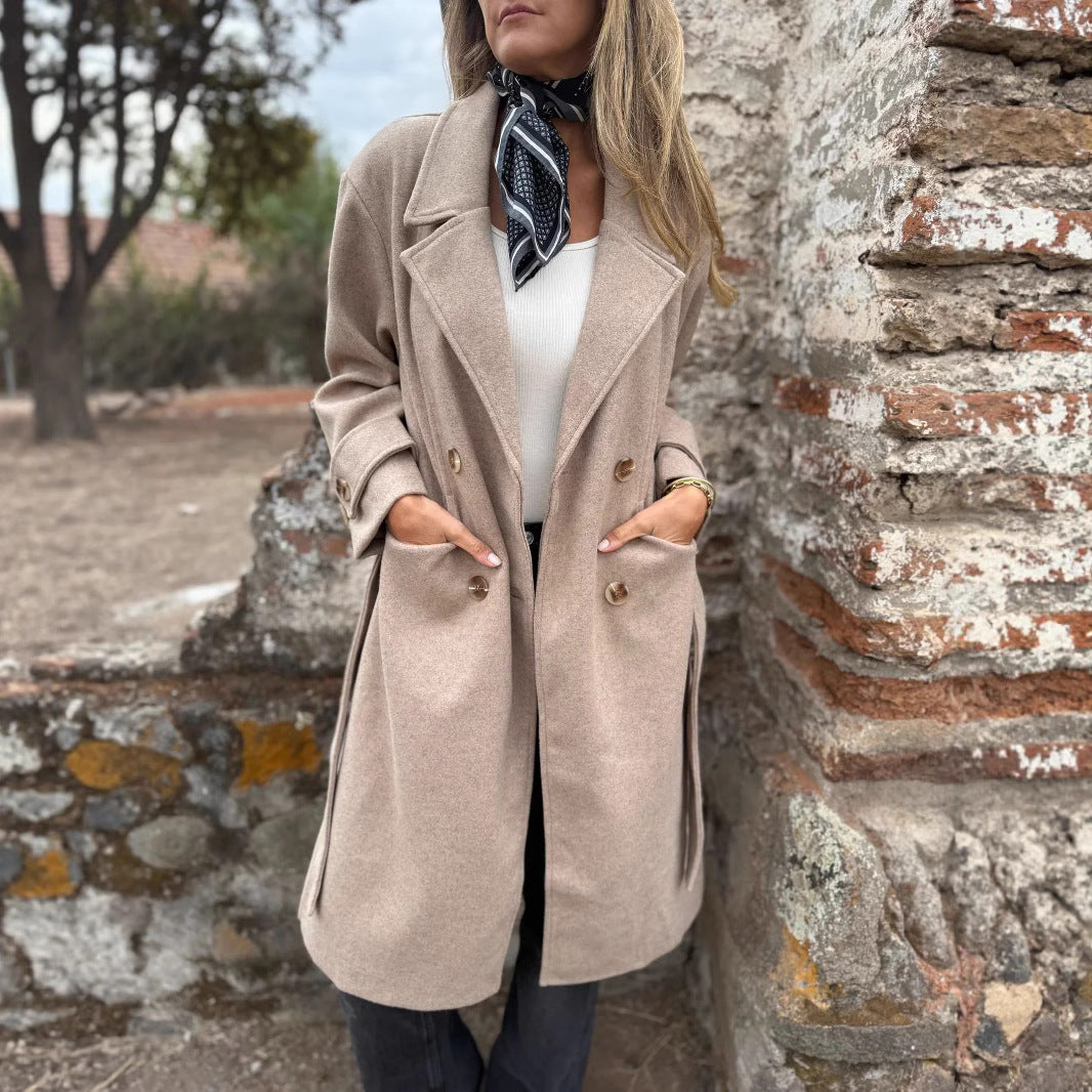 Autumn And Winter Lacing Cardigan Casual Long Sleeve Lapel Woolen Pocket Coat Women