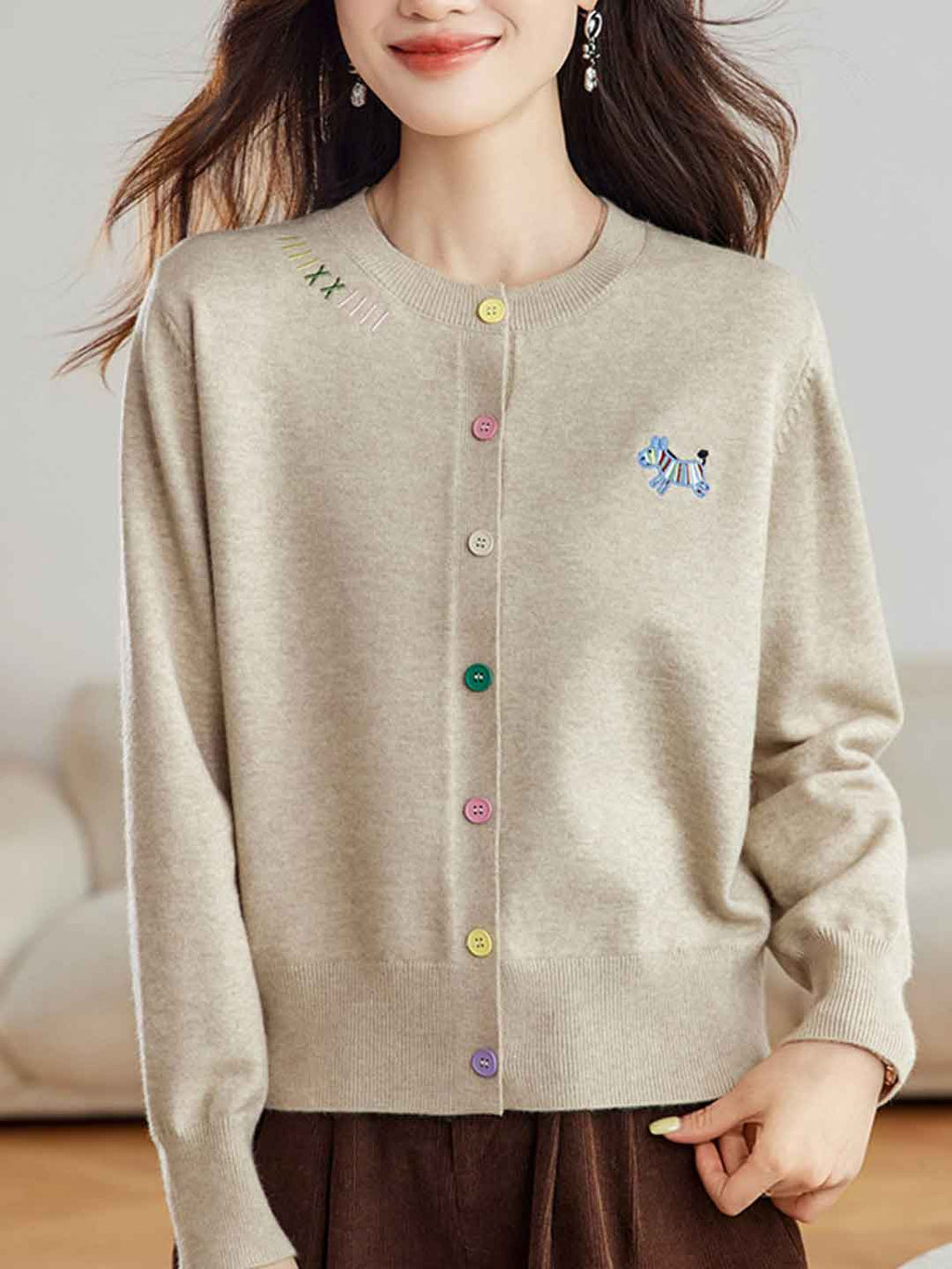 Camila Loose Crew Neck Embroidered Colorful Buttons Knitted Cardigan-Navy Blue