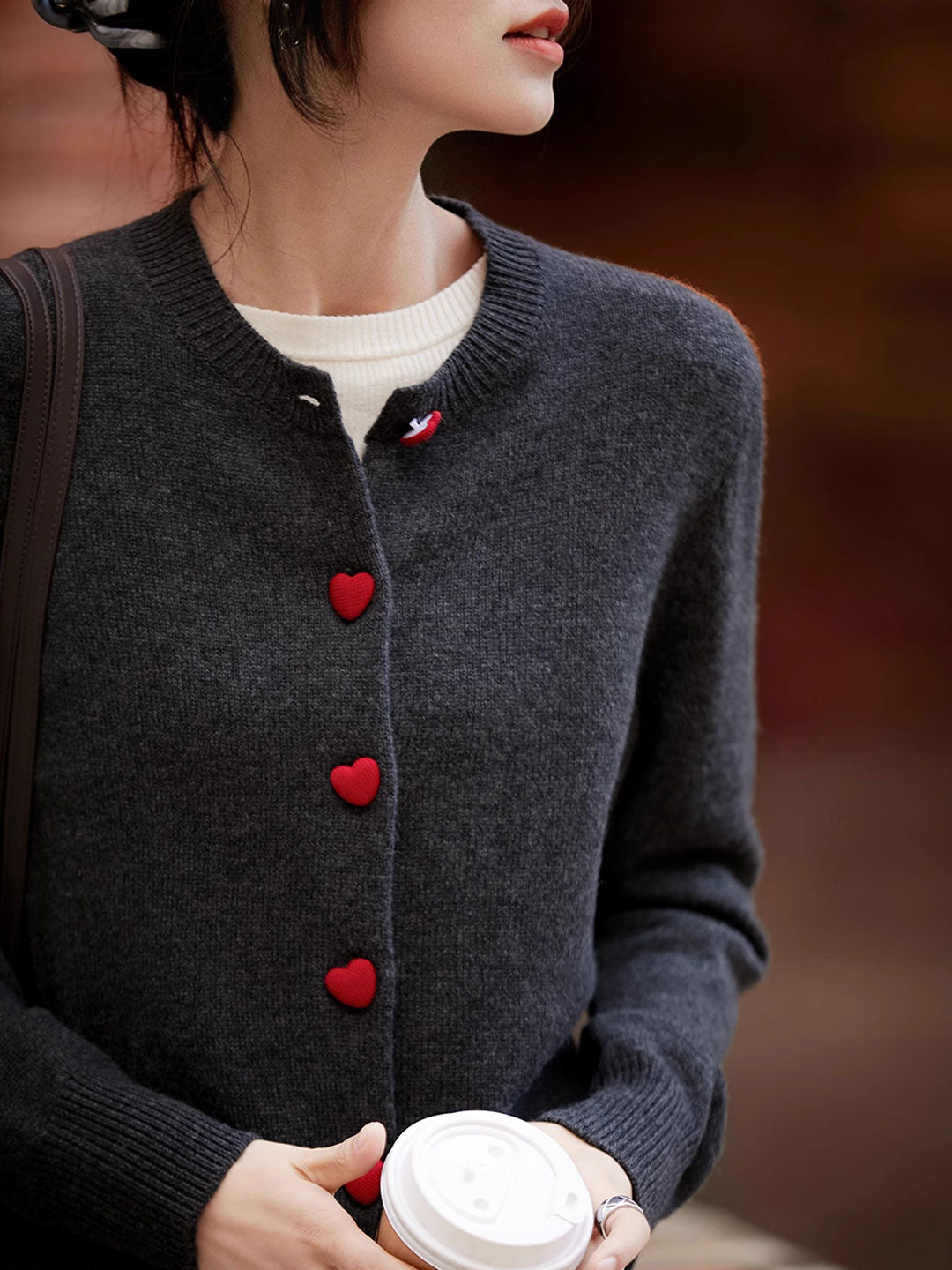 Raya Elegant Crew Neck Heart Button Knitted Cardigan