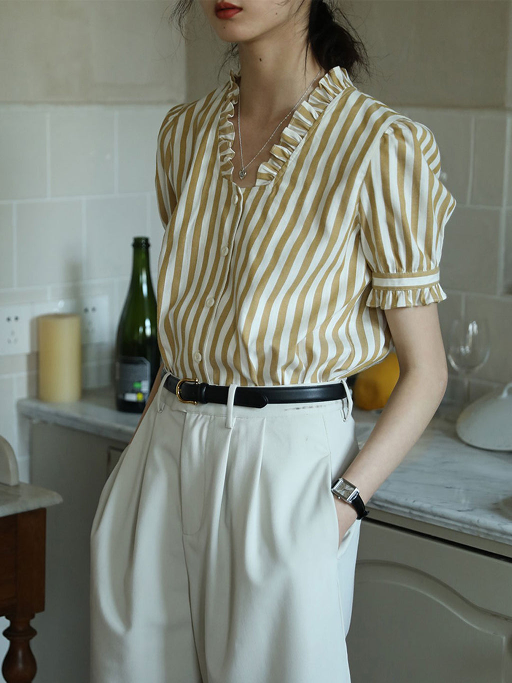 Emily Retro V-Neck Puff Sleeve Top