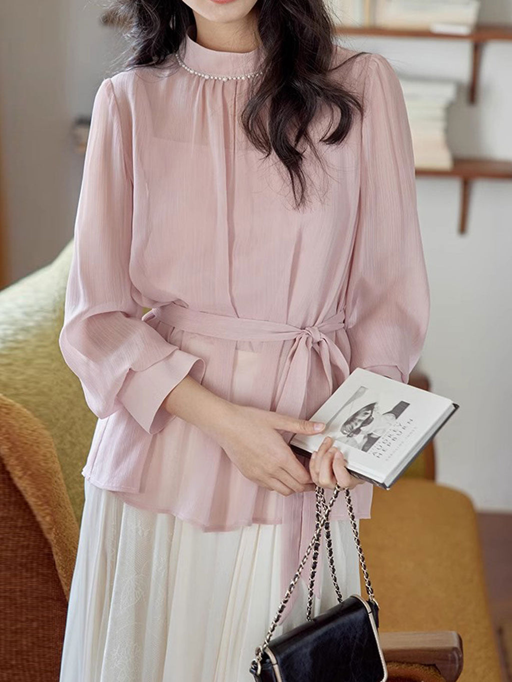Claire Elegant Solid Color Pearl Top