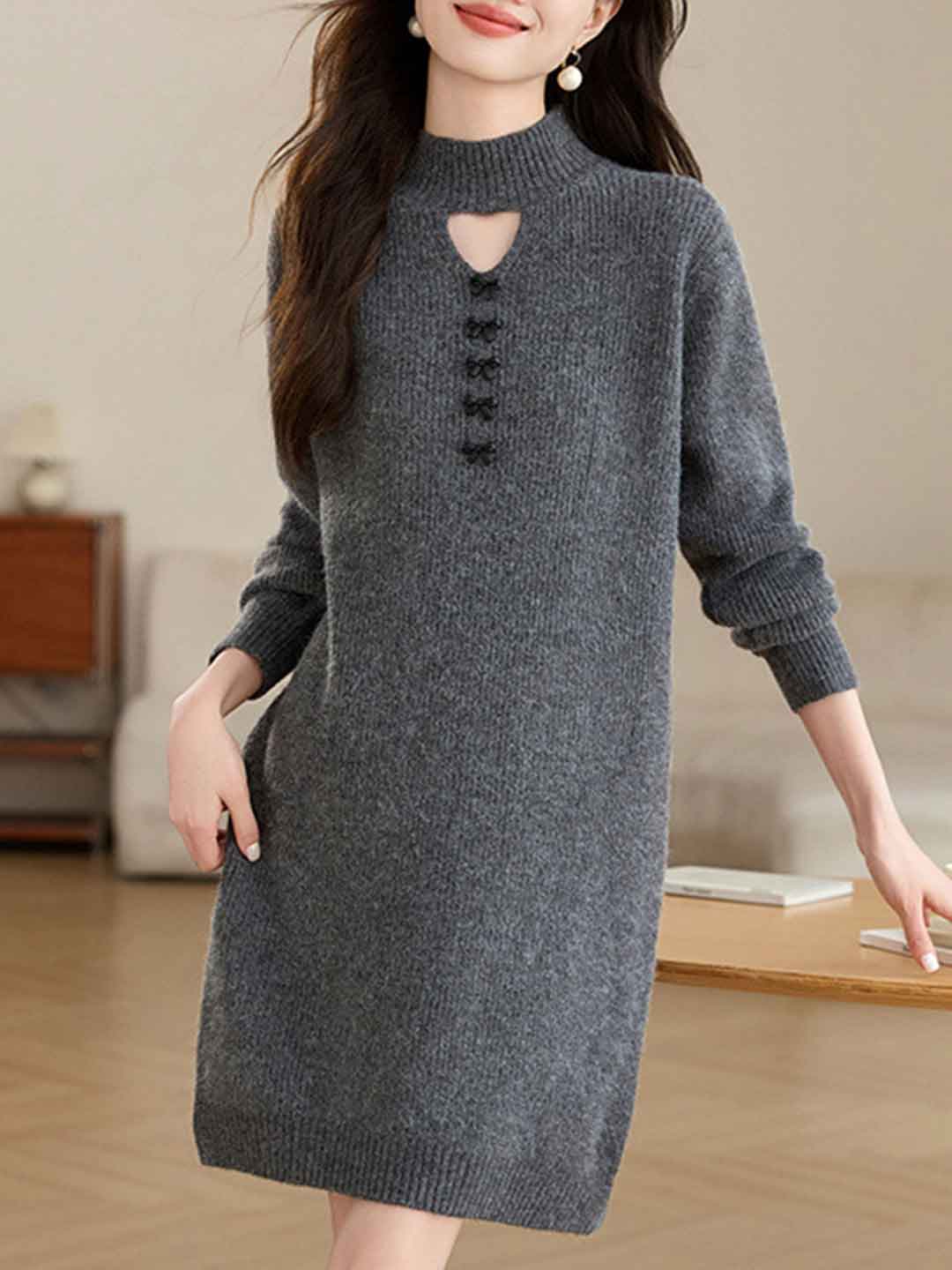 Bella Retro Turtleneck Solid Color Knitted Sweater Dress