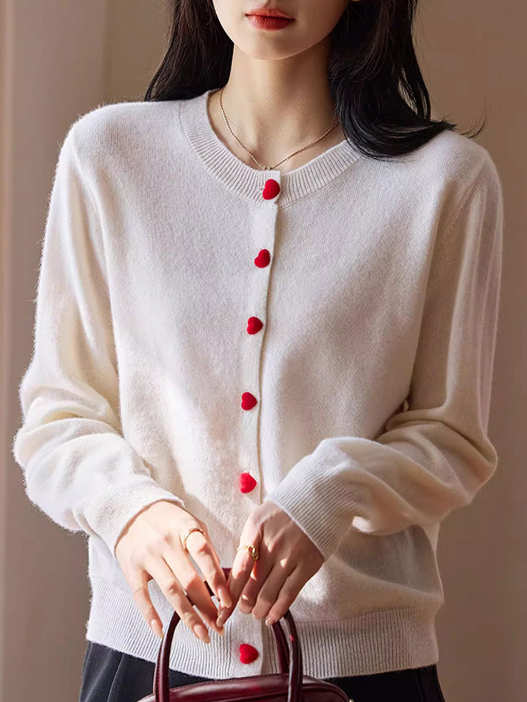 Raya Elegant Crew Neck Heart Button Knitted Cardigan