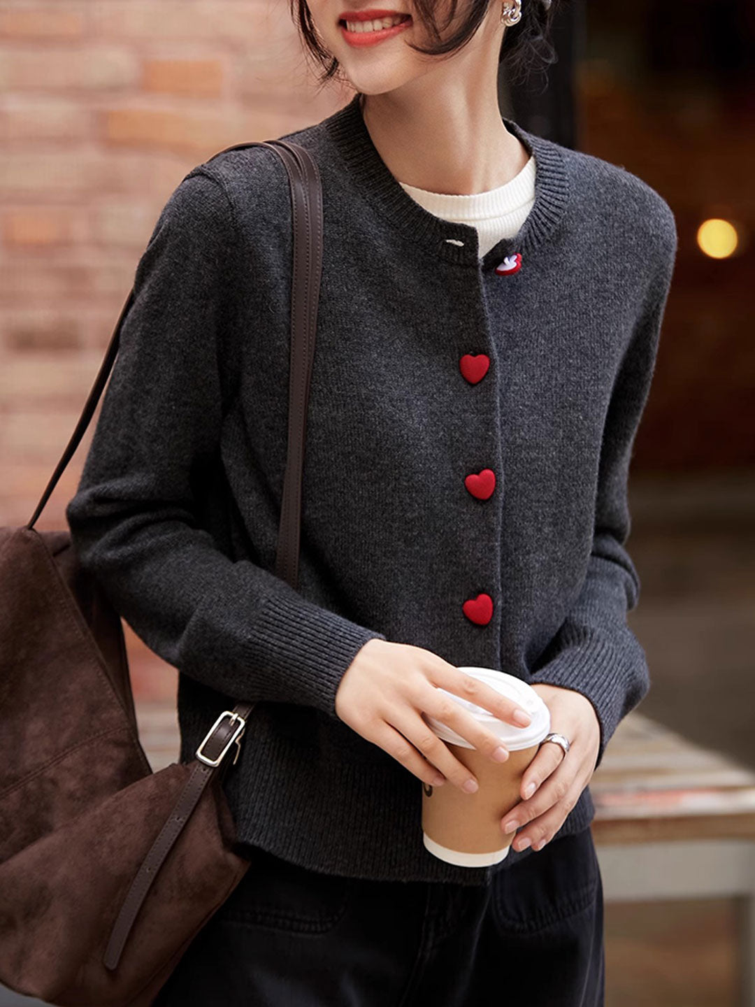 Raya Elegant Crew Neck Heart Button Knitted Cardigan