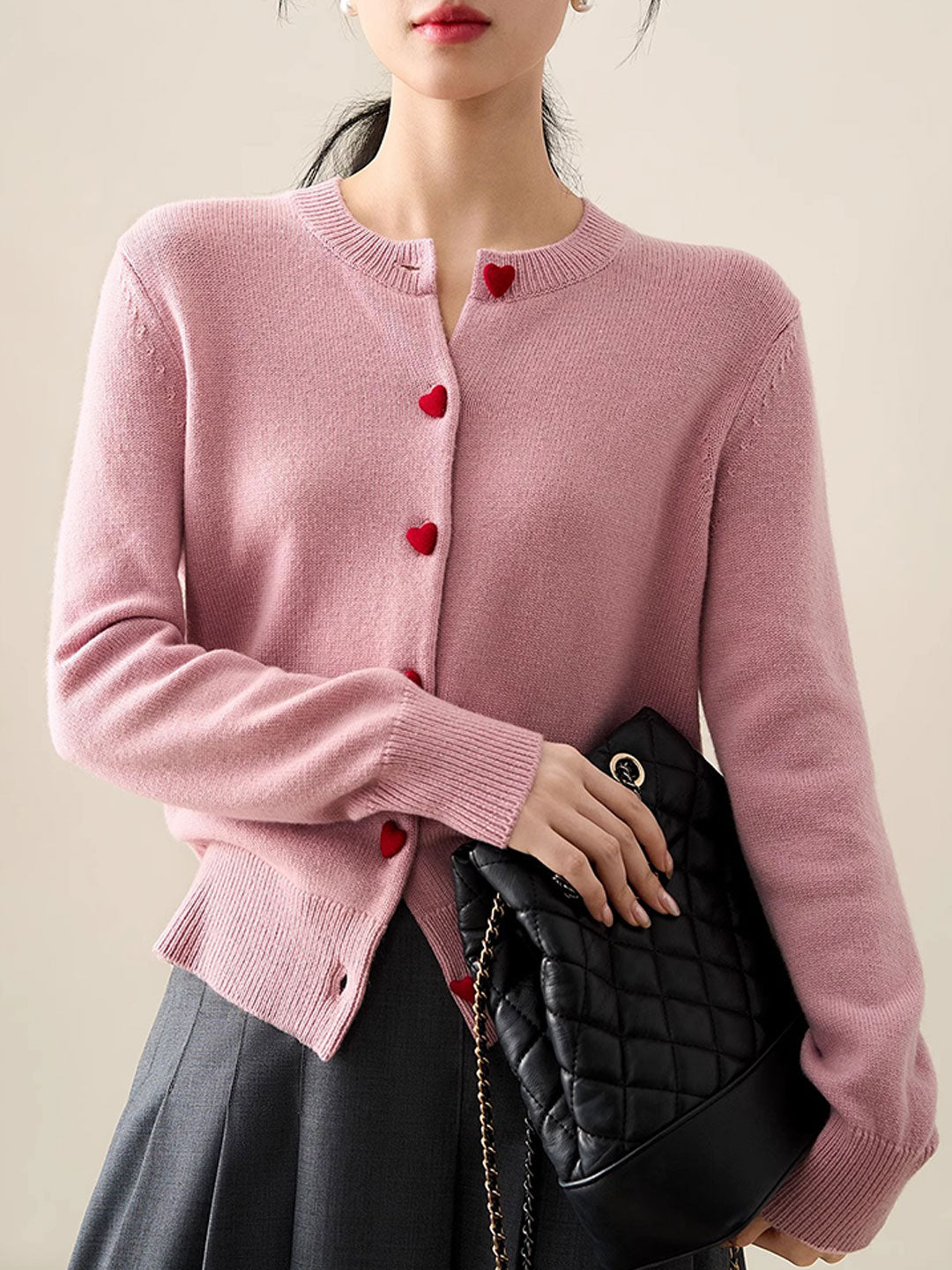 Raya Elegant Crew Neck Heart Button Knitted Cardigan