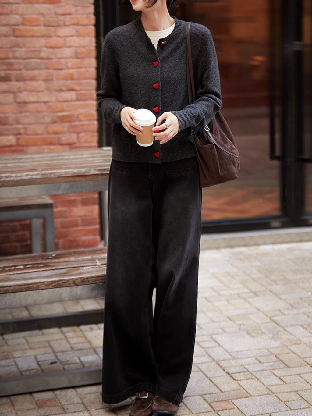 Raya Elegant Crew Neck Heart Button Knitted Cardigan
