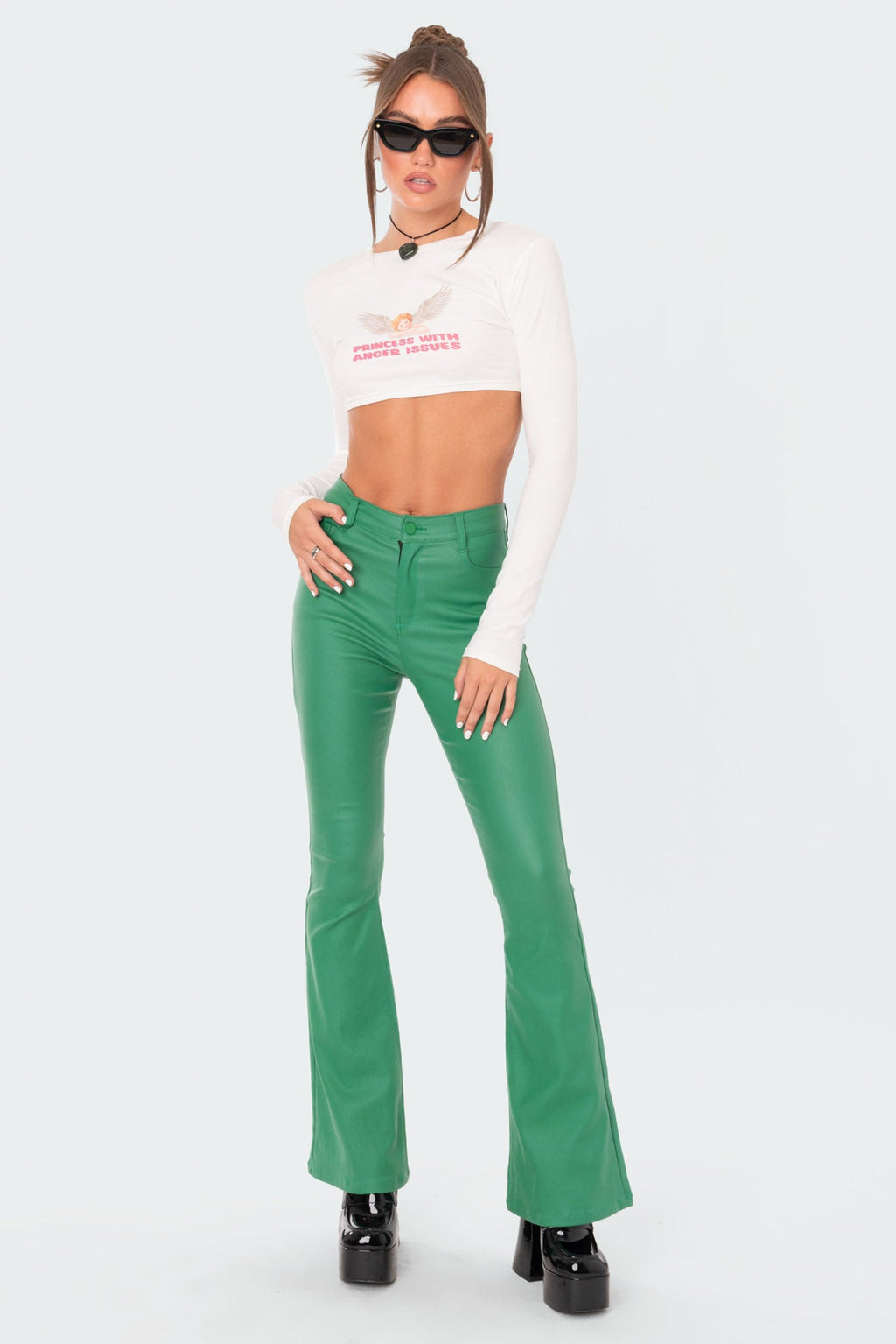 Luna Faux Leather Mid Rise Flared Jeans