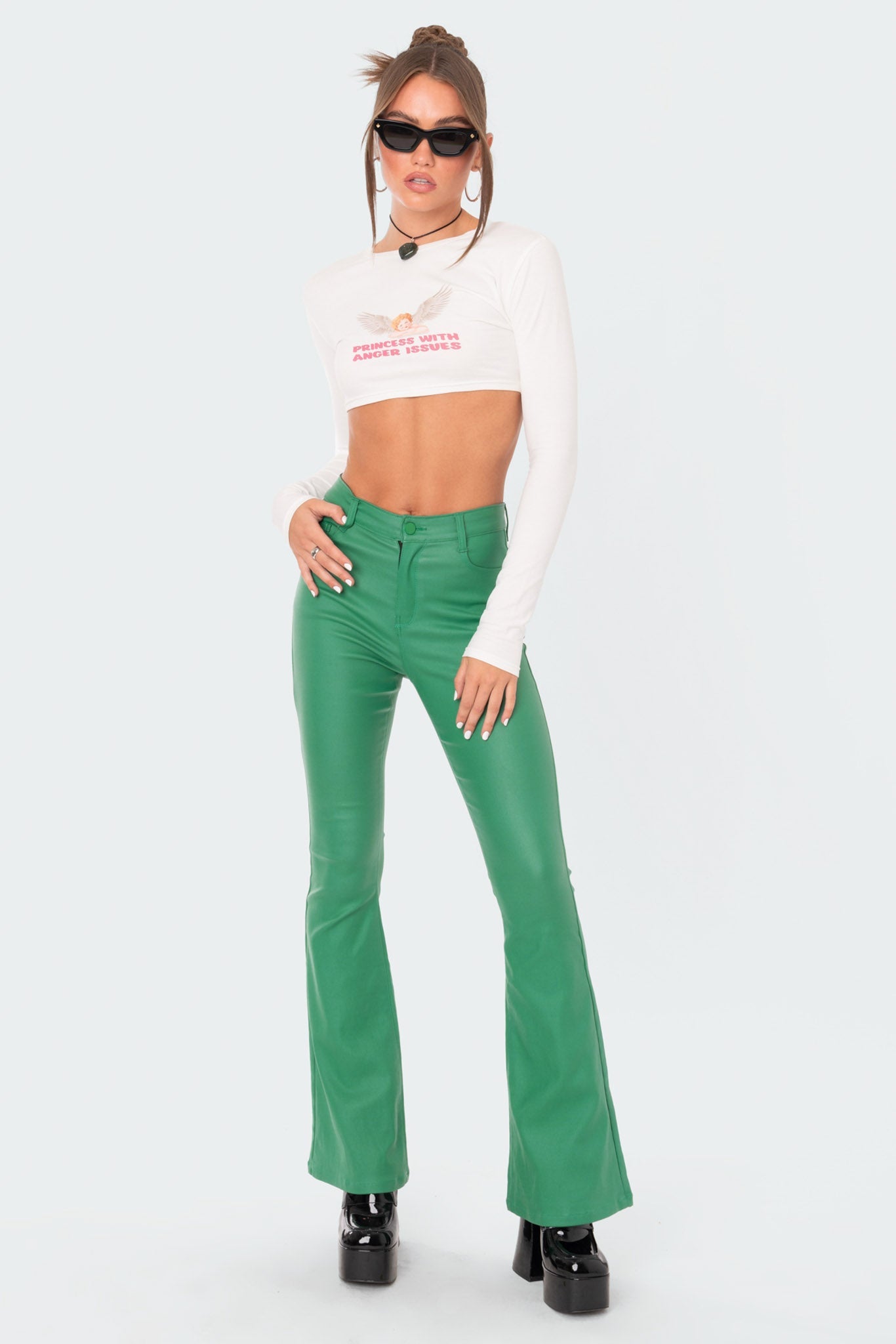 Luna Faux Leather Mid Rise Flared Jeans