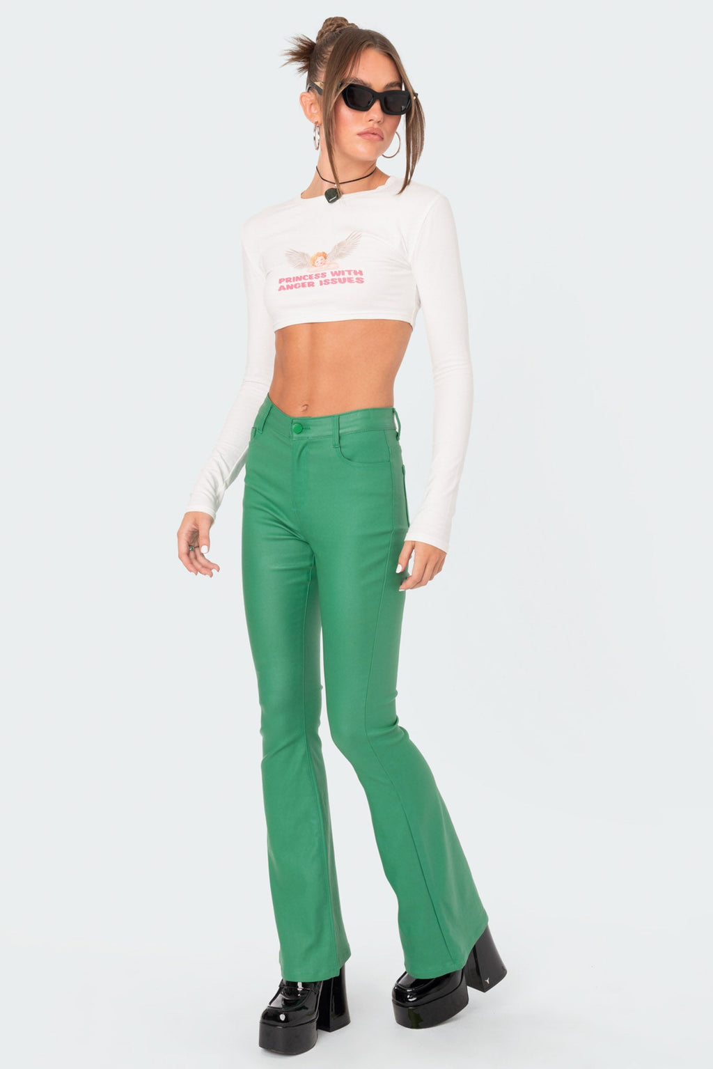 Luna Faux Leather Mid Rise Flared Jeans