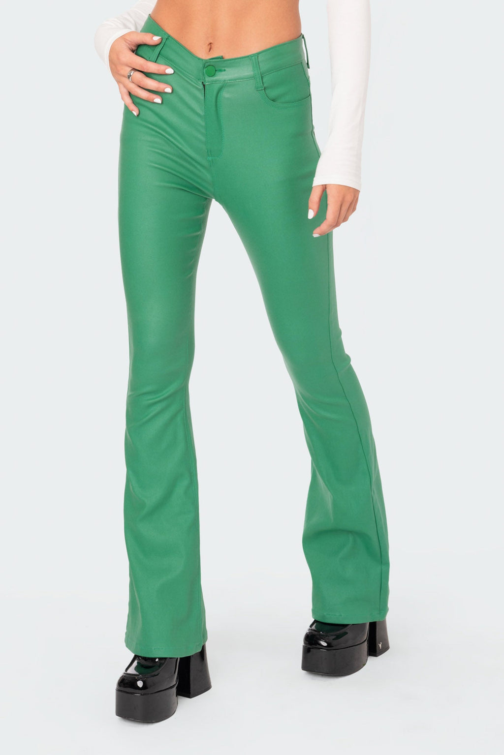 Luna Faux Leather Mid Rise Flared Jeans