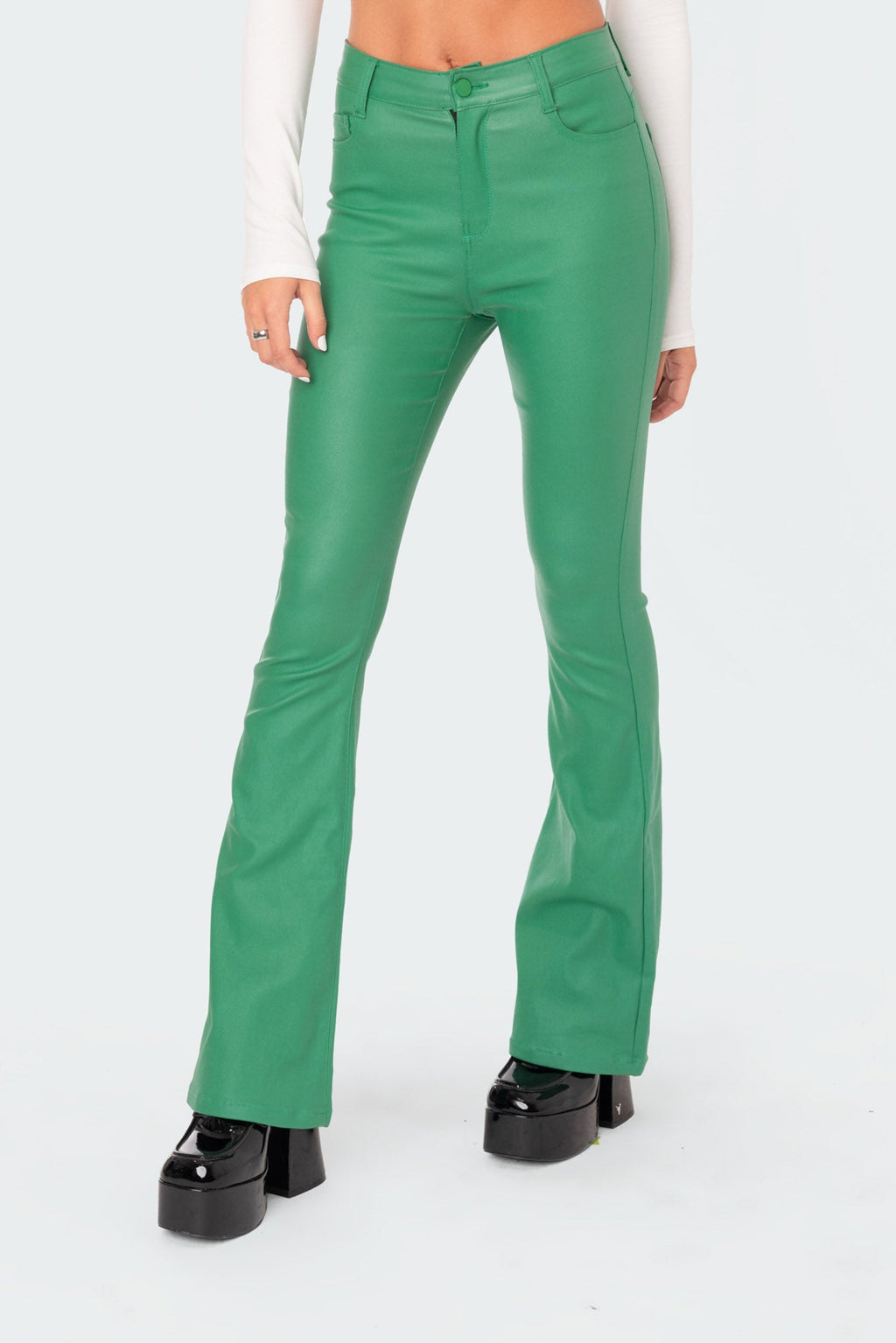 Luna Faux Leather Mid Rise Flared Jeans