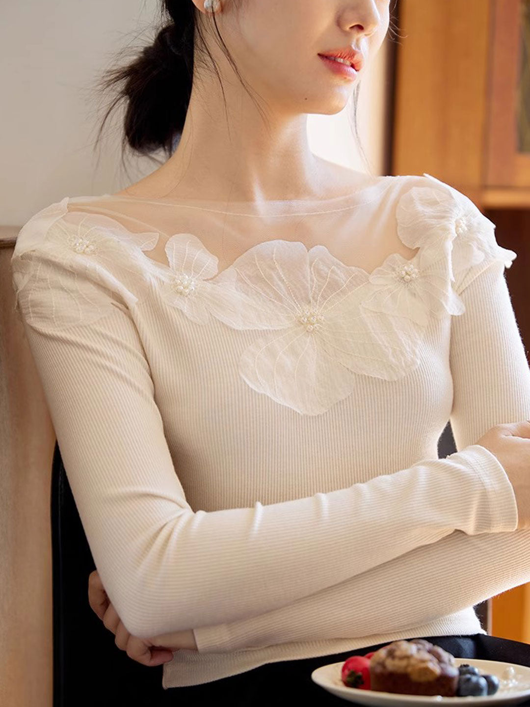Aubrey Slim Crew Neck Mesh Panelled Top