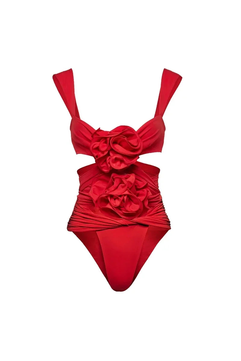 Red Cutout Floral Appliqué Strappy Swimsuit