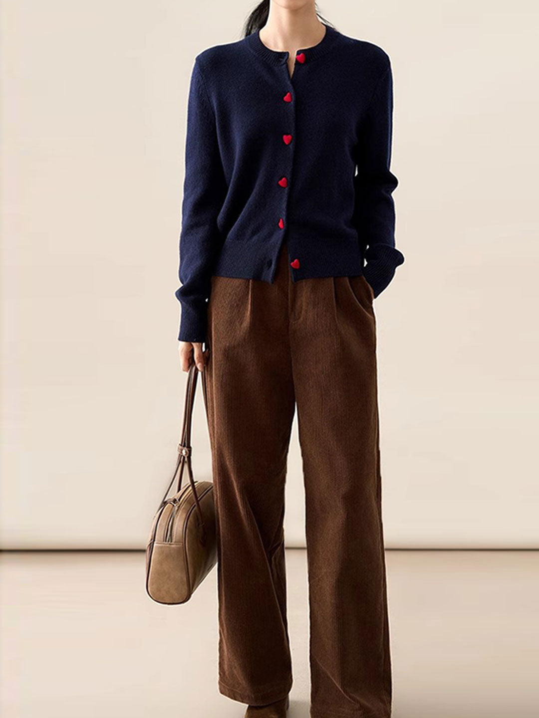 Raya Elegant Crew Neck Heart Button Knitted Cardigan