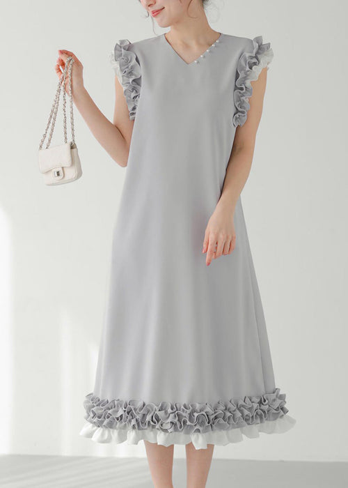 Chic Decorated Pearl Straight Ruffled Dress Patchwork Grey