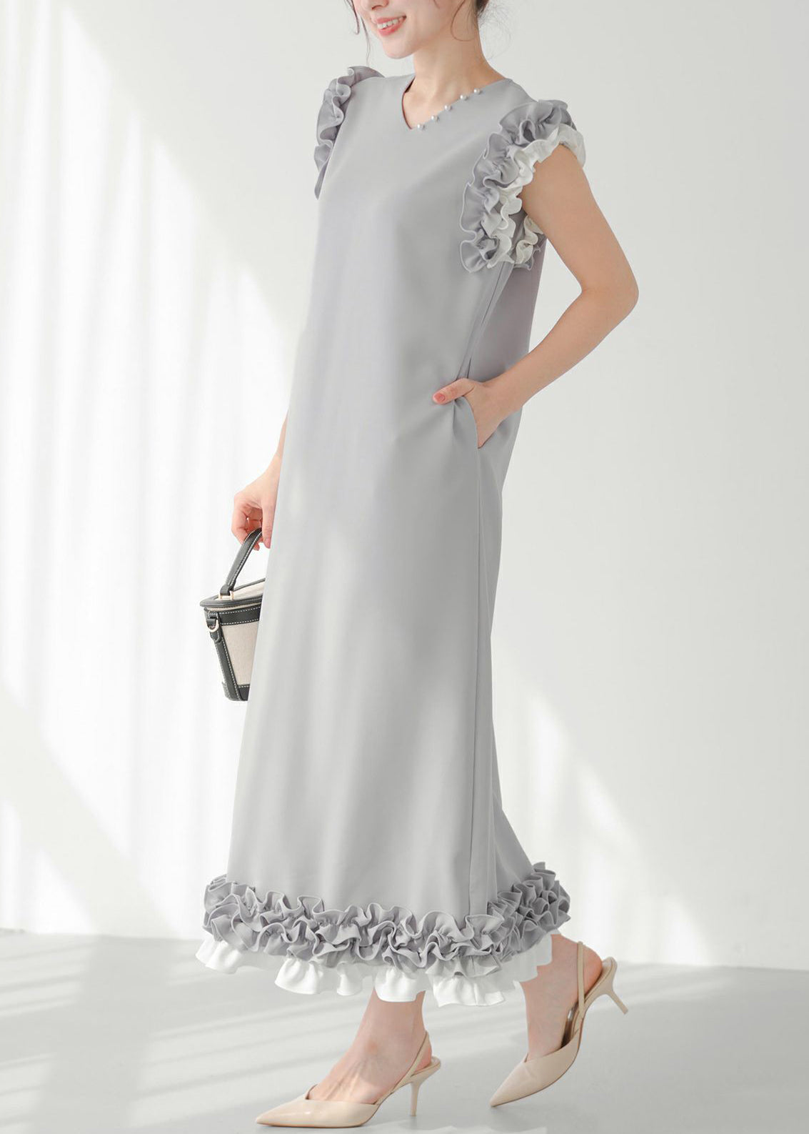 Chic Decorated Pearl Straight Ruffled Dress Patchwork Grey