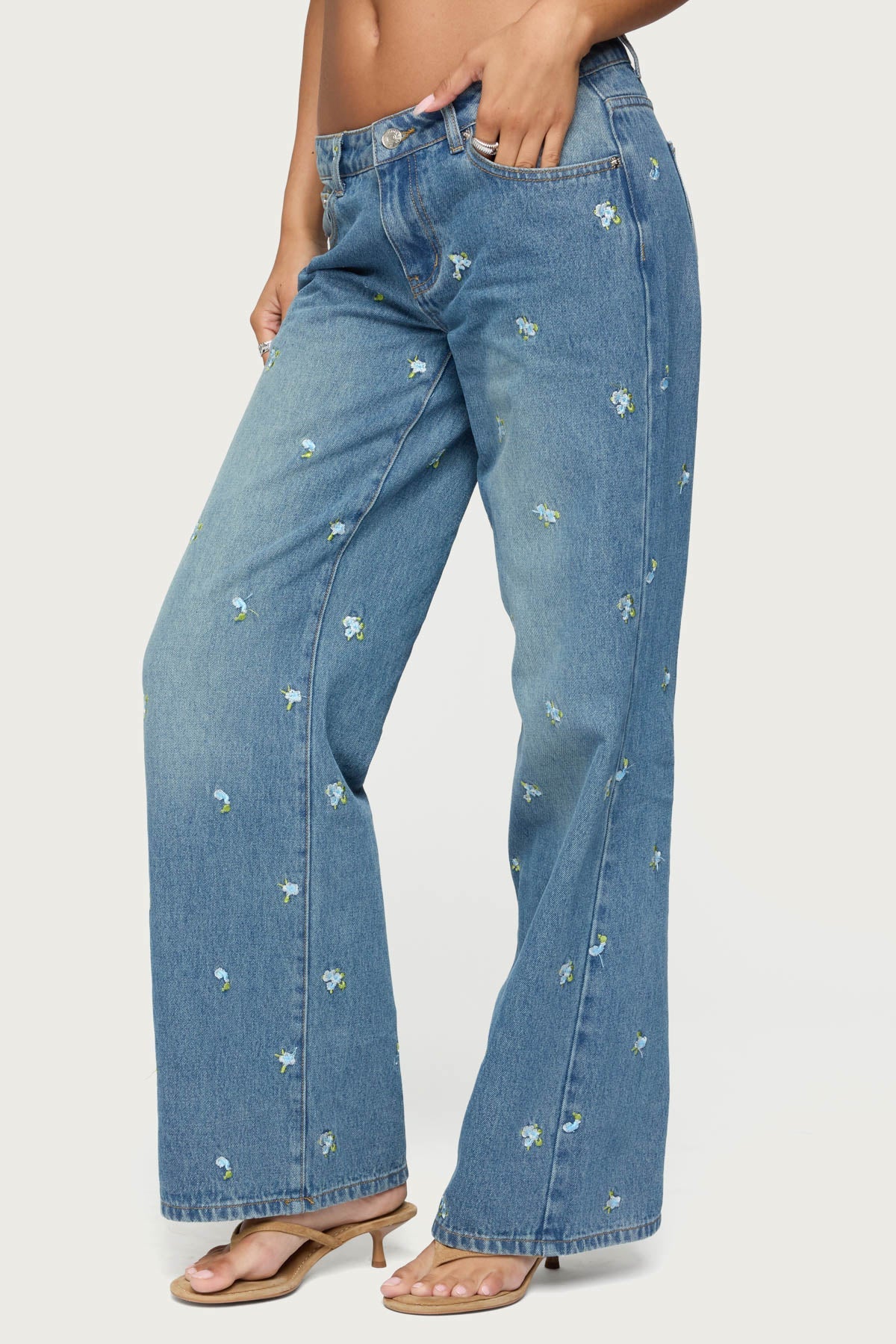 Edna Embroidered Floral Low Rise Baggy Jeans