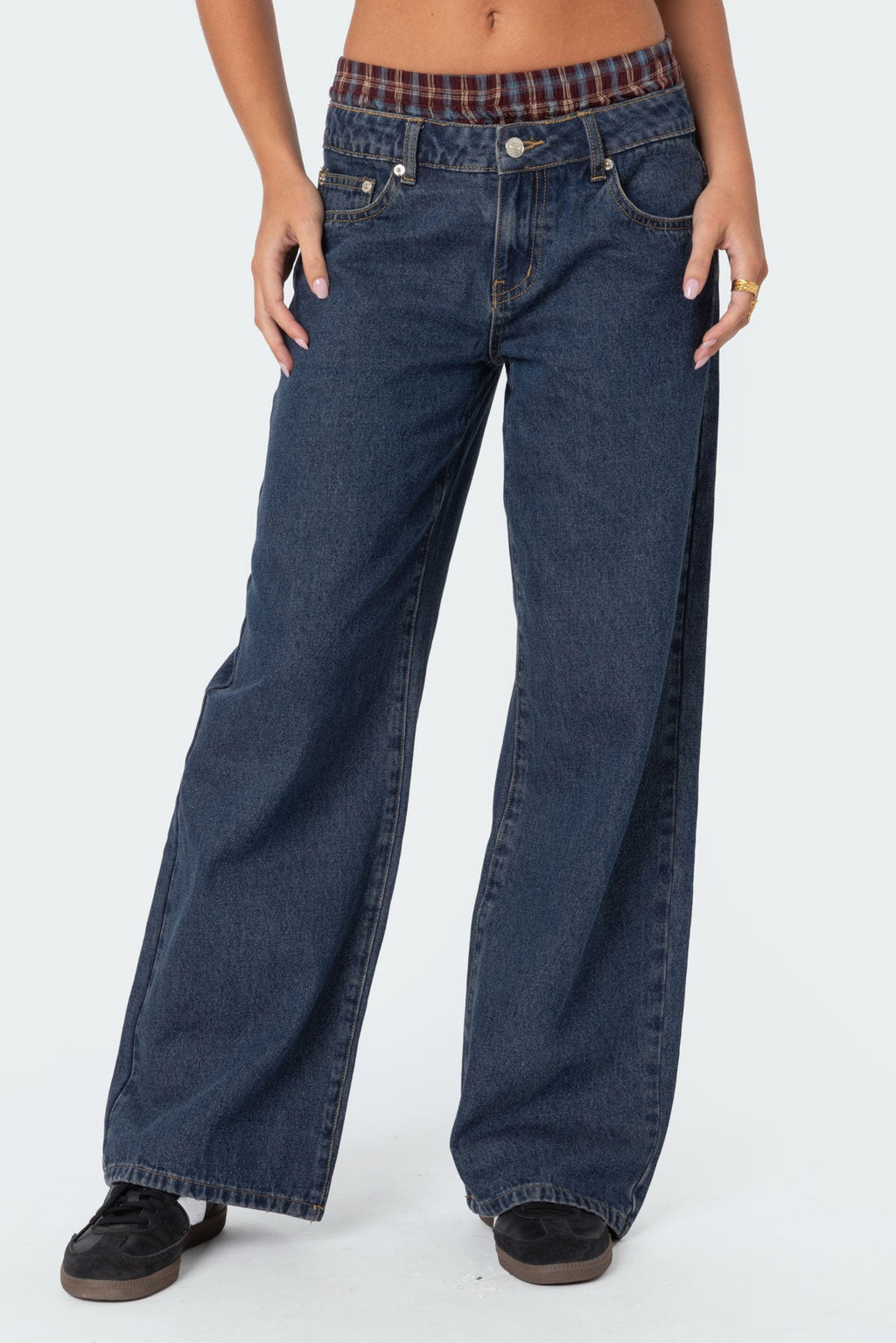 Plaid Boxer Detail Low Rise Baggy Jeans