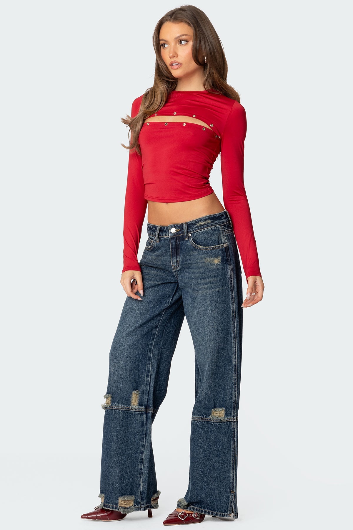 Slitted Distressed Low Rise Baggy Jeans