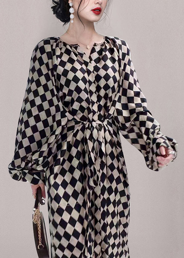 Plaid Waist Long Chiffon Dresses Tie French Fall Pockets