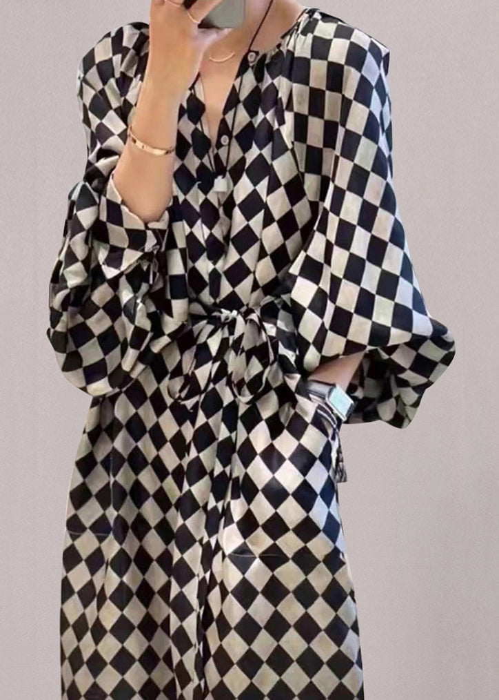Plaid Waist Long Chiffon Dresses Tie French Fall Pockets