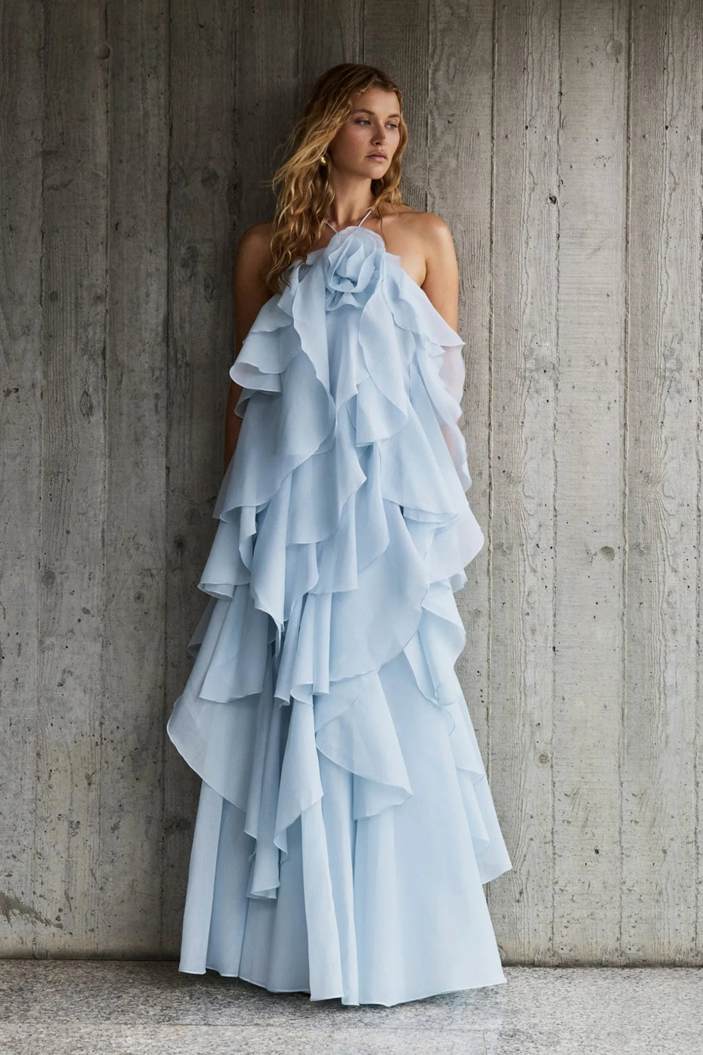 3D Flower Halter Neck Frill Maxi Dress