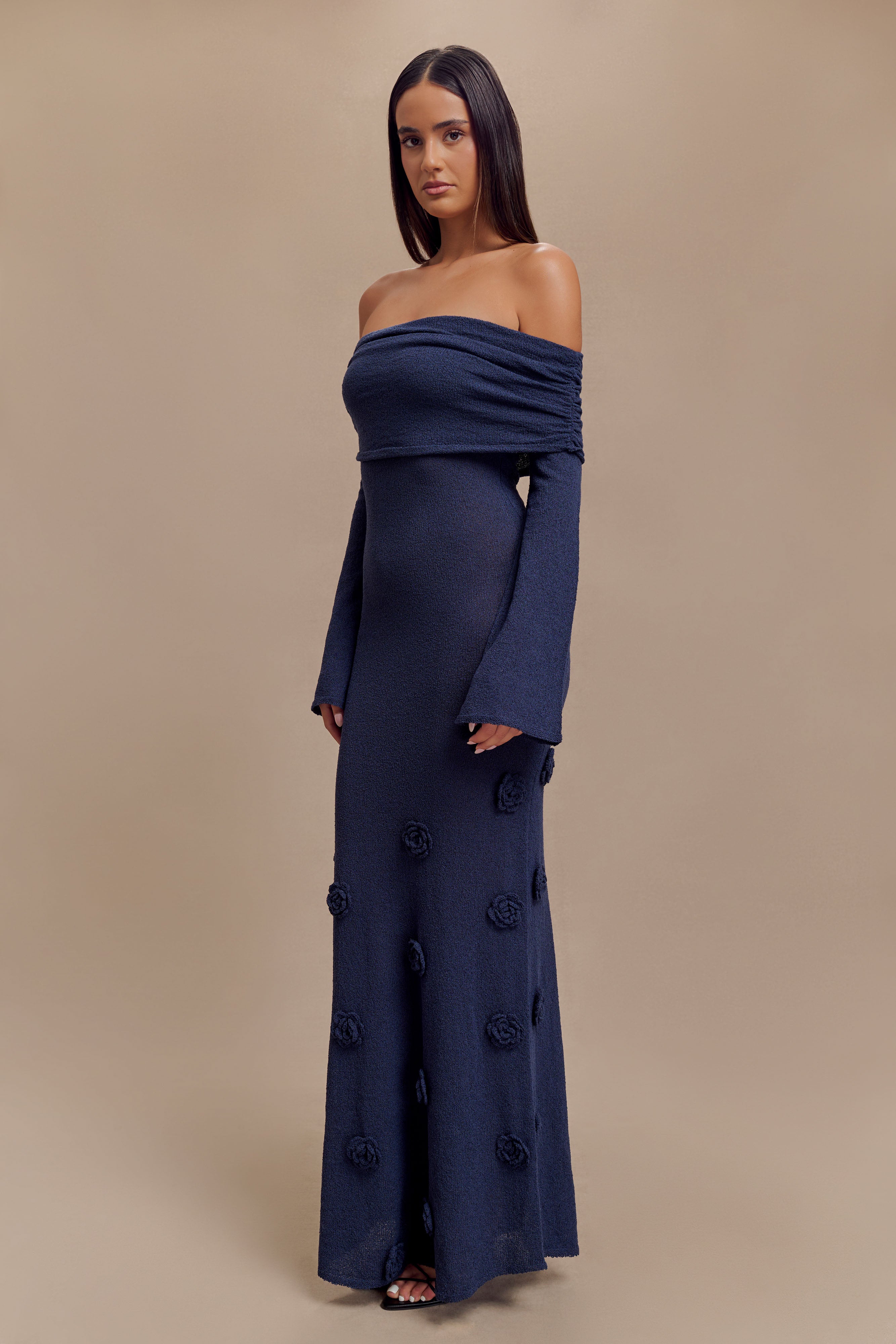 Knit Off-Shoulder 3D Flower Maxi Dress