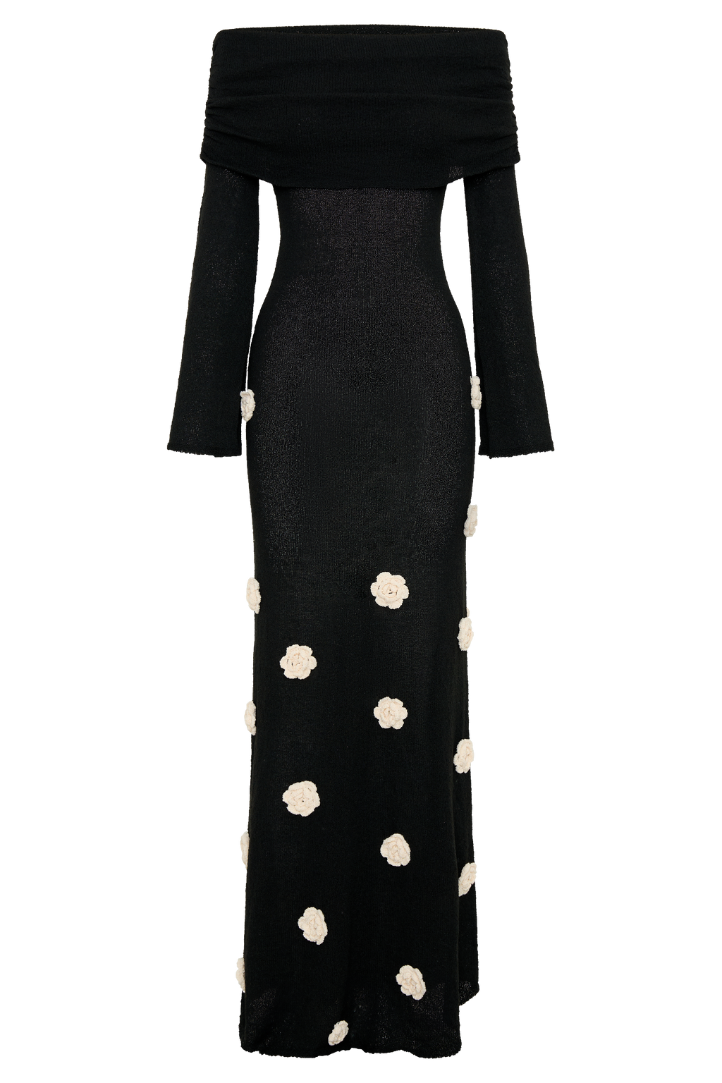 Knit Off-Shoulder 3D Flower Maxi Dress