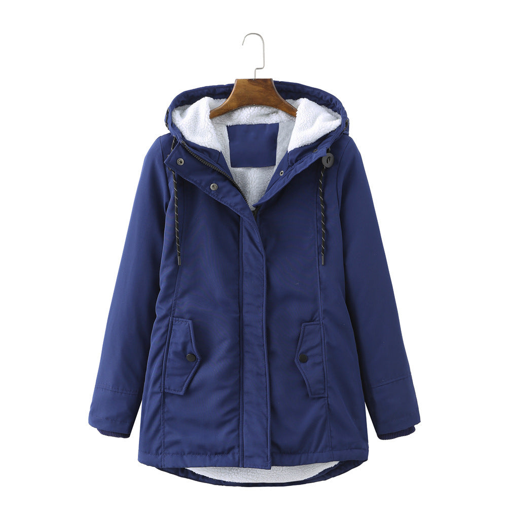 Ladies Hooded Lambswool Parka Winter Warm Waist Women Cotton-Padded Coat