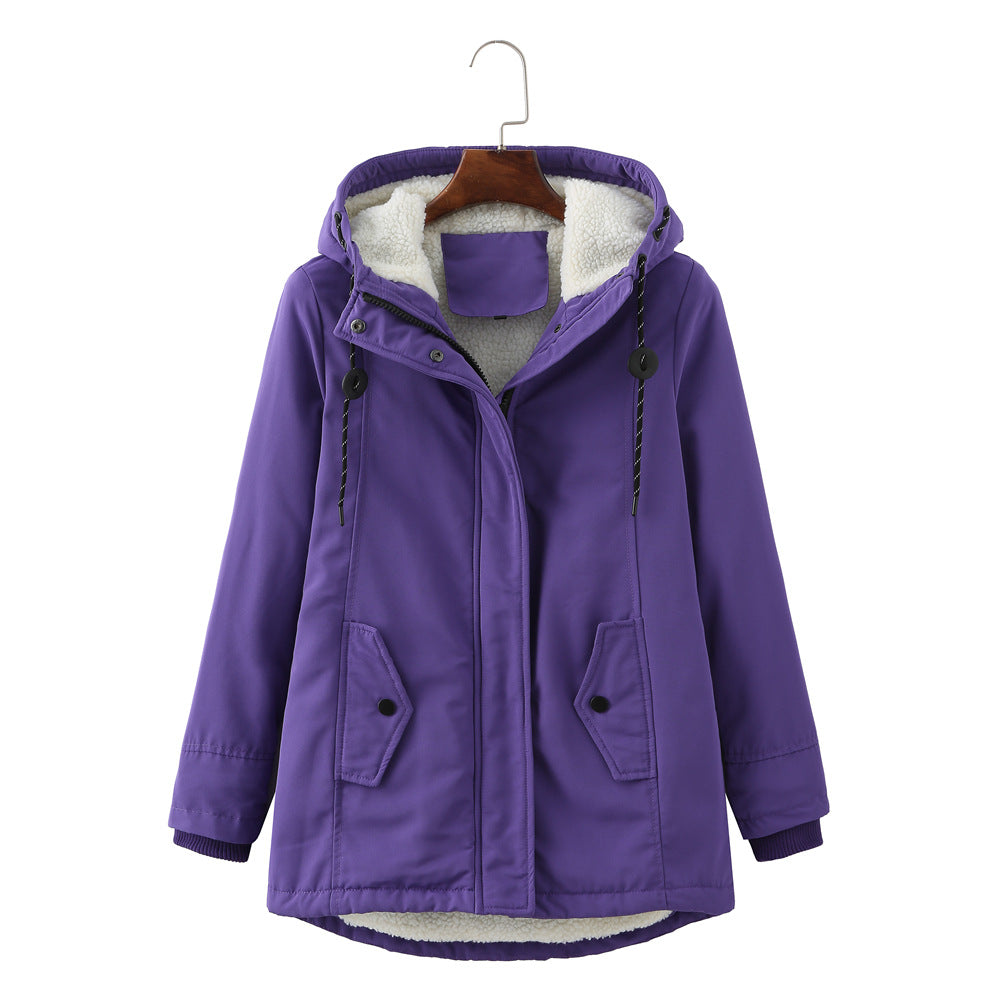 Ladies Hooded Lambswool Parka Winter Warm Waist Women Cotton-Padded Coat