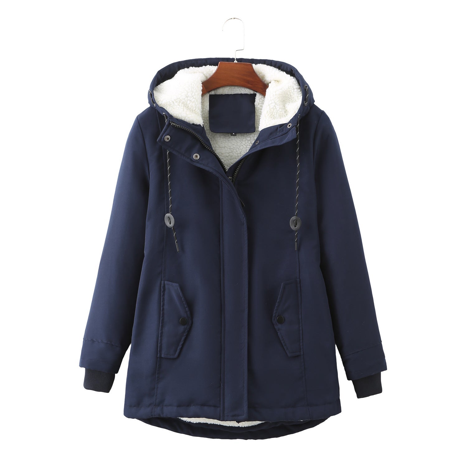 Ladies Hooded Lambswool Parka Winter Warm Waist Women Cotton-Padded Coat