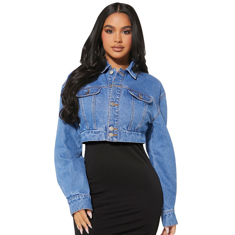 Women Clothing Denim Elastic Button Cardigan Long Sleeve Short Denim Coat Outlet