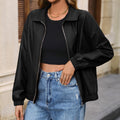 Casual Long Sleeve Solid Color Faux Leather Motorcycle Leather Coat Polo Collar Jacket Coat Top Women