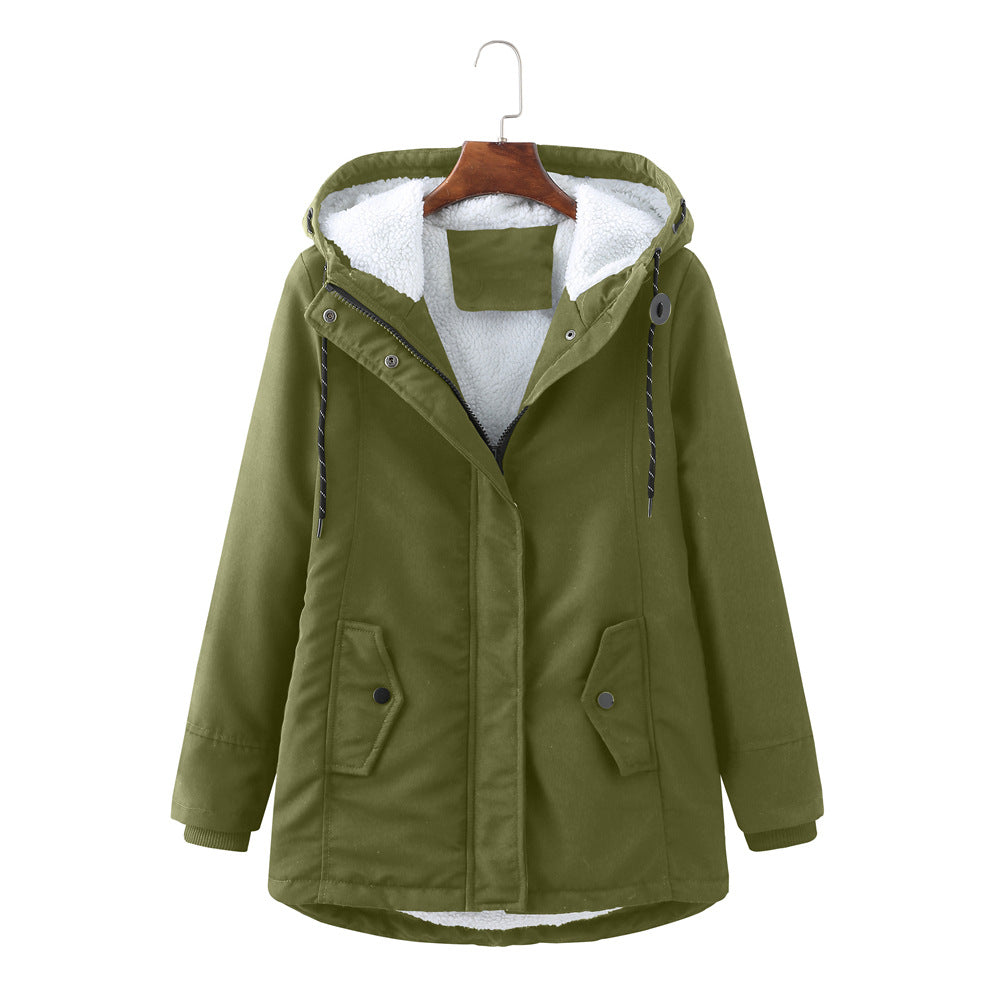 Ladies Hooded Lambswool Parka Winter Warm Waist Women Cotton-Padded Coat