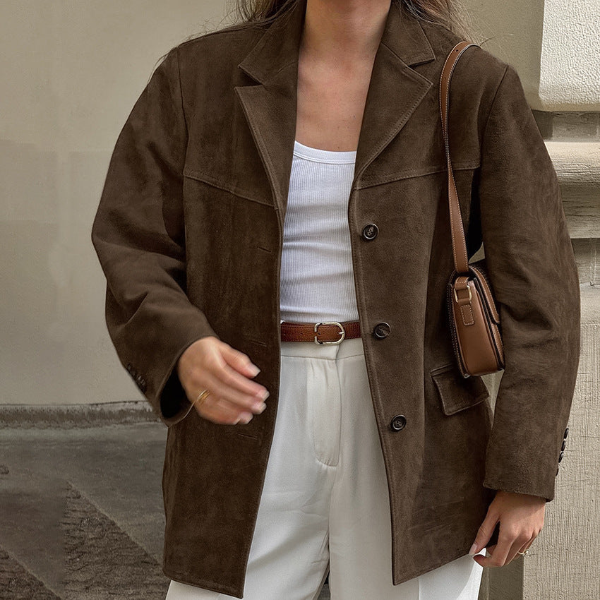 Brown Brushed Velvet Retro Lapels Loose Suede Coat Autumn Winter Maillard Blazers Women