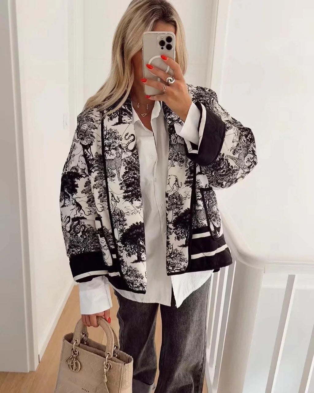 Vintage Ink Painting Print Quilted Oversized Jacket