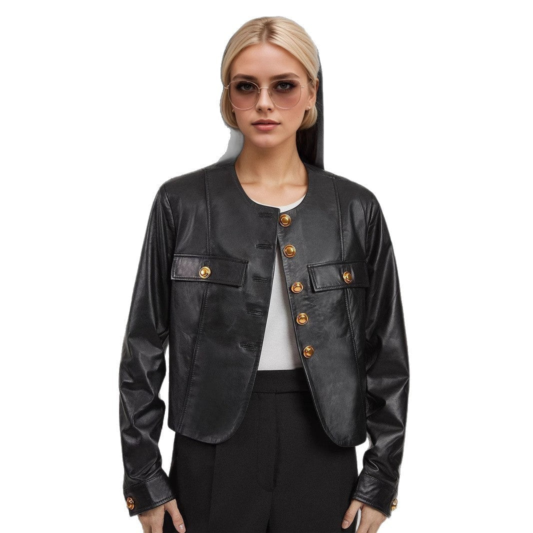 Round Neck Metal Buckle Embellished Short PU Leather Jacket