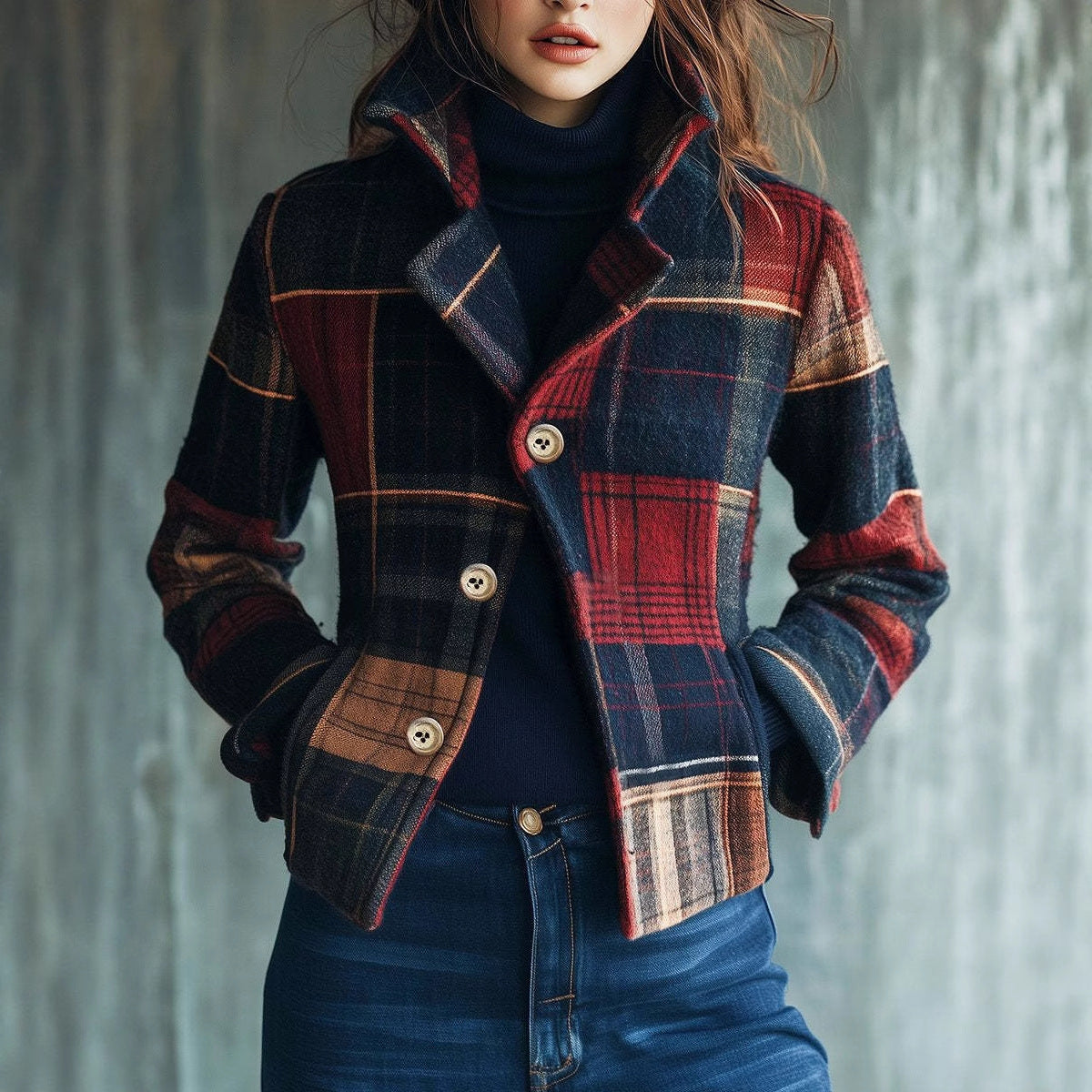 Plaid Retro Warm Coat Autumn And Winter Stand Collar