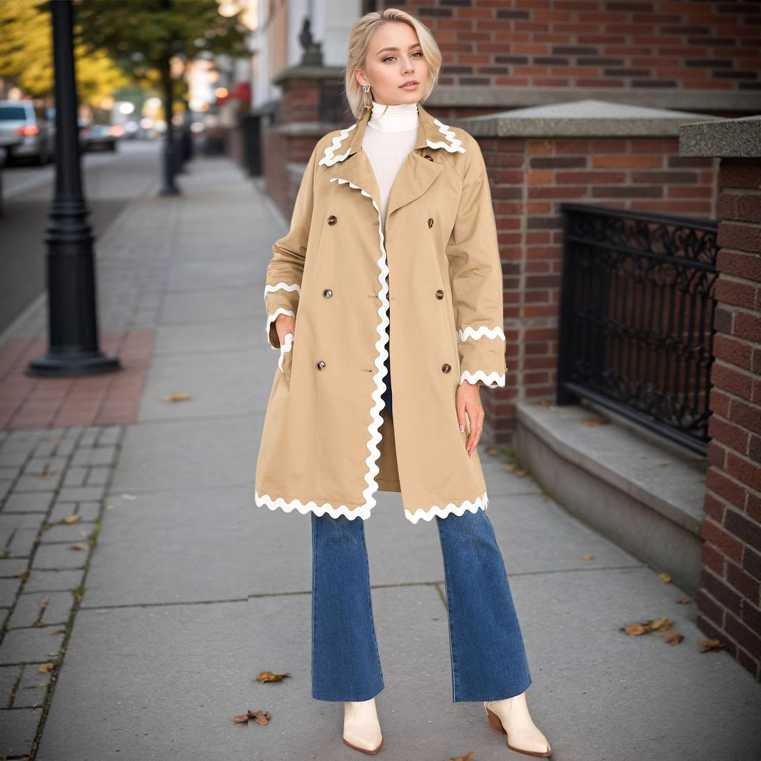 Elegant Chic White Wavy Neckline Double Breasted Coat